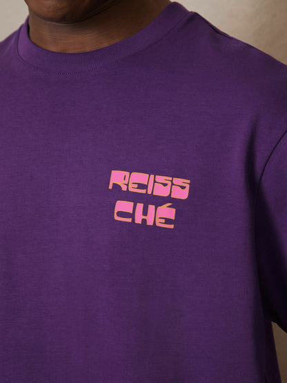 Reiss Popular Choice - | Ché Cotton Palm-Print T-Shirt in Purple
