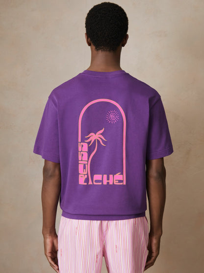 Reiss Popular Choice - | Ché Cotton Palm-Print T-Shirt in Purple