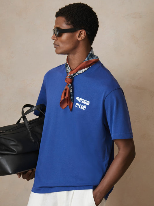 Reiss Best Seller - | Ché Cotton Palm-Print T-Shirt in Blue