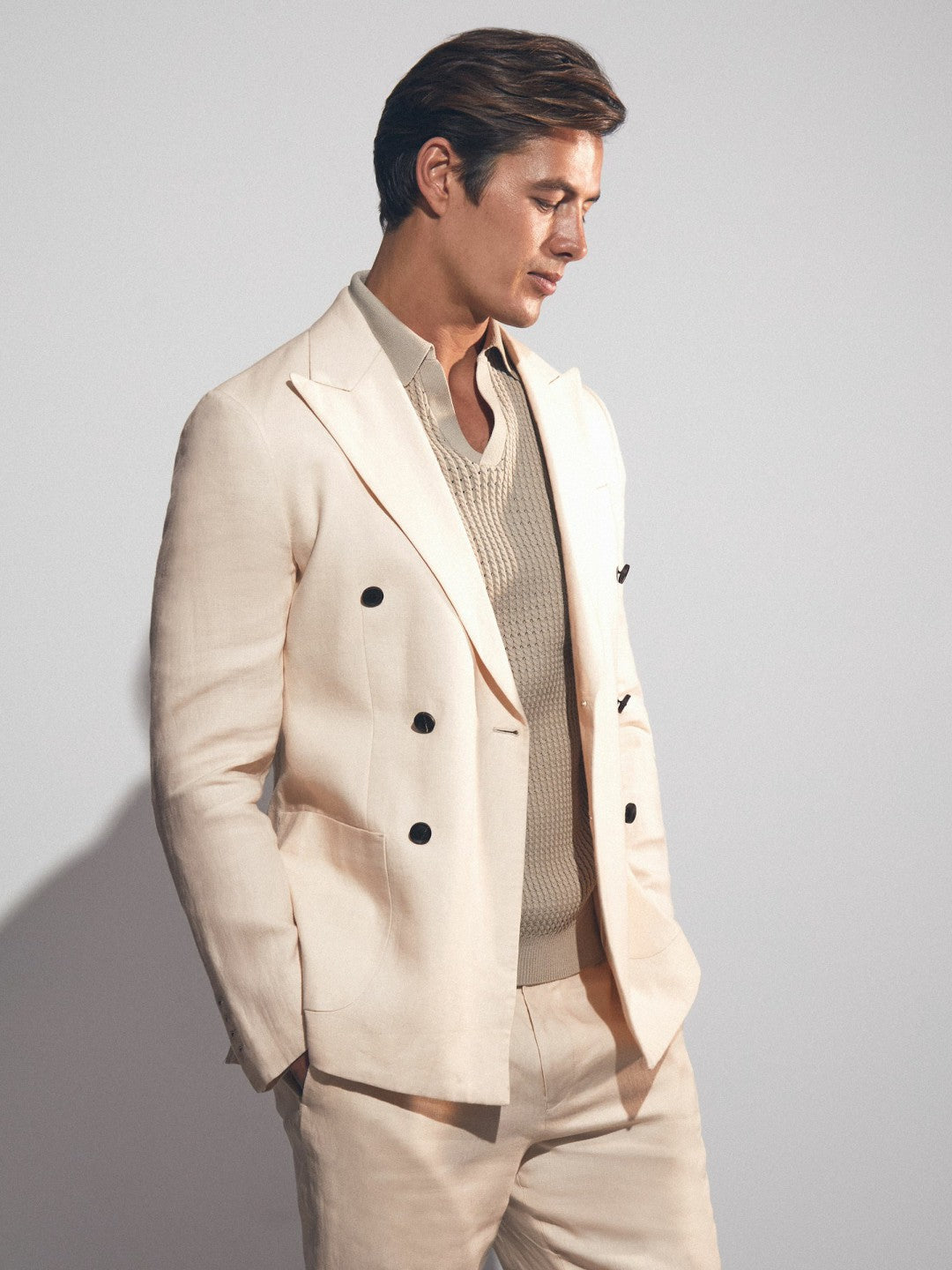 Reiss Sale - Linen Double-Breasted Suit Slim-Fit Blazer in Stone