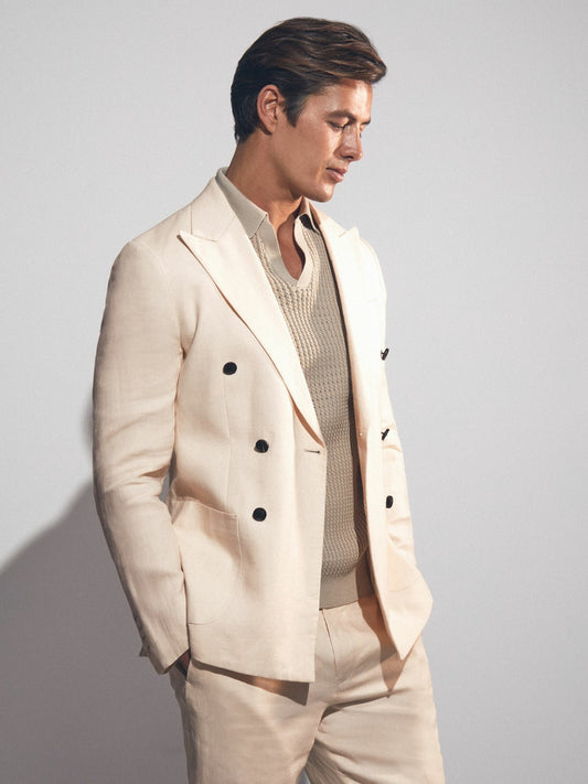 Reiss Sale - Linen Double-Breasted Suit Slim-Fit Blazer in Stone