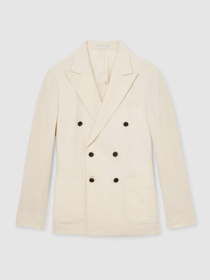 Reiss Sale - Linen Double-Breasted Suit Slim-Fit Blazer in Stone