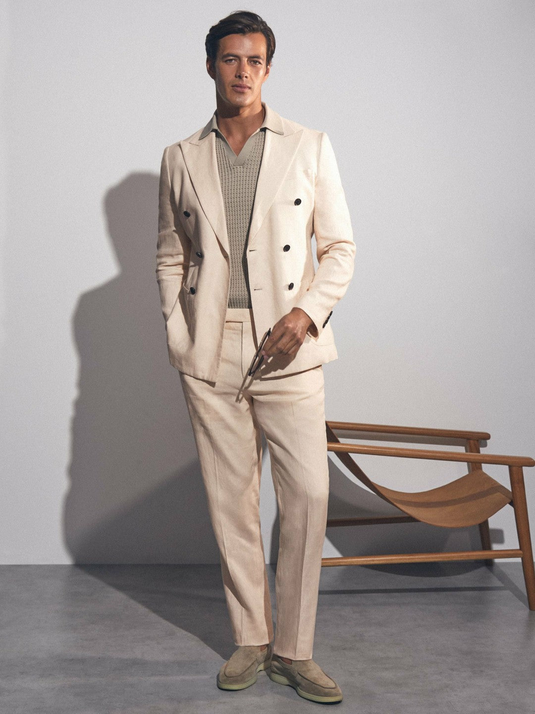 Reiss Sale - Linen Double-Breasted Suit Slim-Fit Blazer in Stone