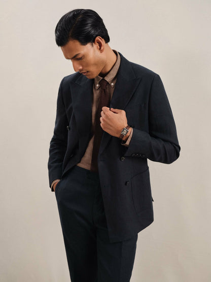 Reiss Deal - Linen Double-Breasted Suit Slim-Fit Blazer in Navy