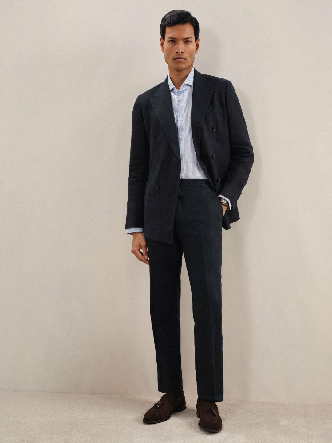 Reiss Deal - Linen Double-Breasted Suit Slim-Fit Blazer in Navy