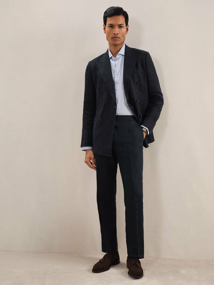 Reiss Deal - Linen Double-Breasted Suit Slim-Fit Blazer in Navy