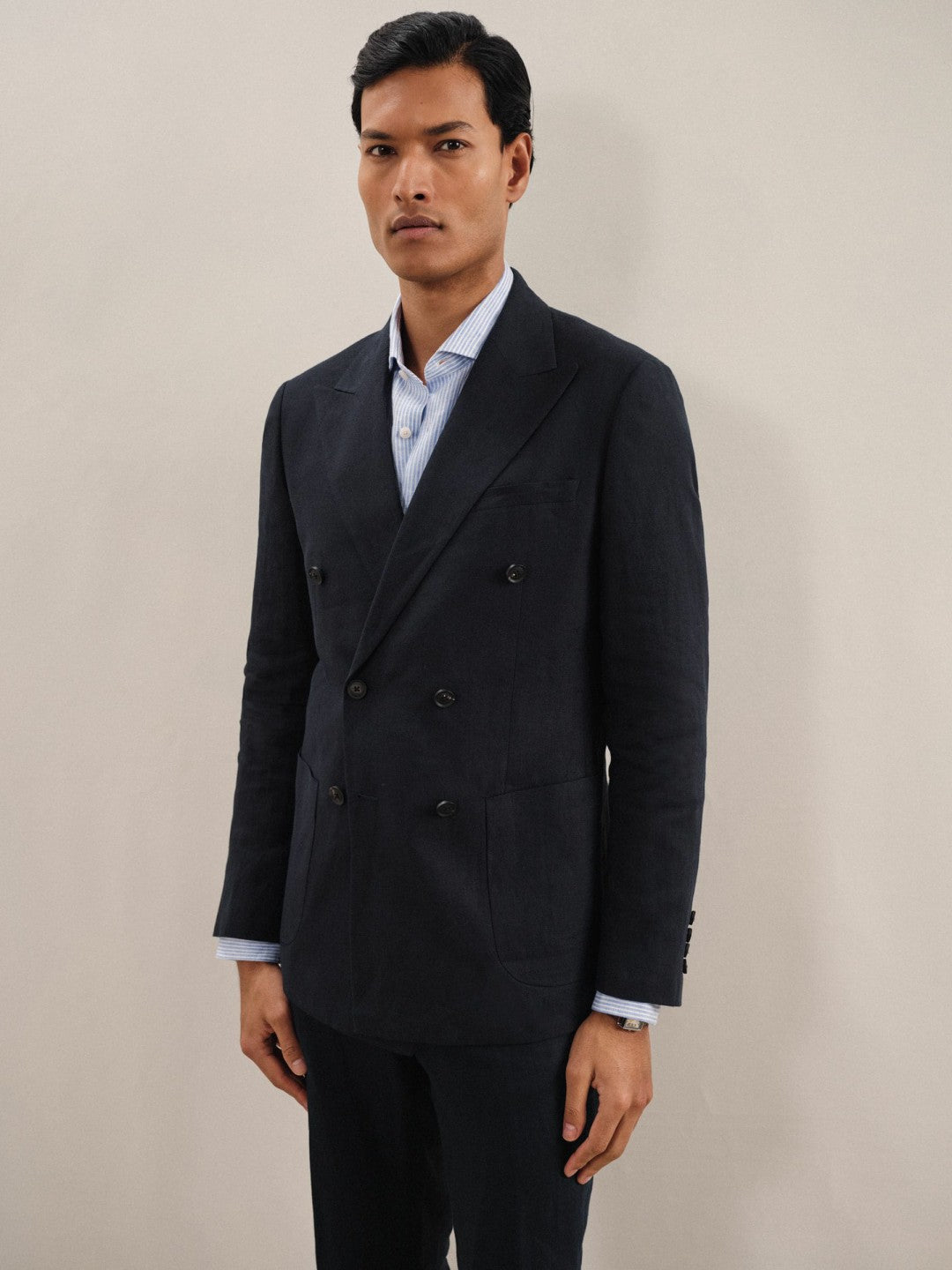Reiss Deal - Linen Double-Breasted Suit Slim-Fit Blazer in Navy