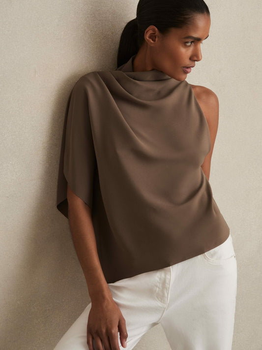 Reiss Best Seller - One-Shoulder Draped Top in Mink