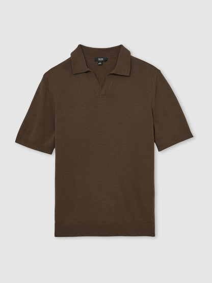 Reiss Sale - Merino Wool Open Collar Polo Shirt in Chocolate Brown