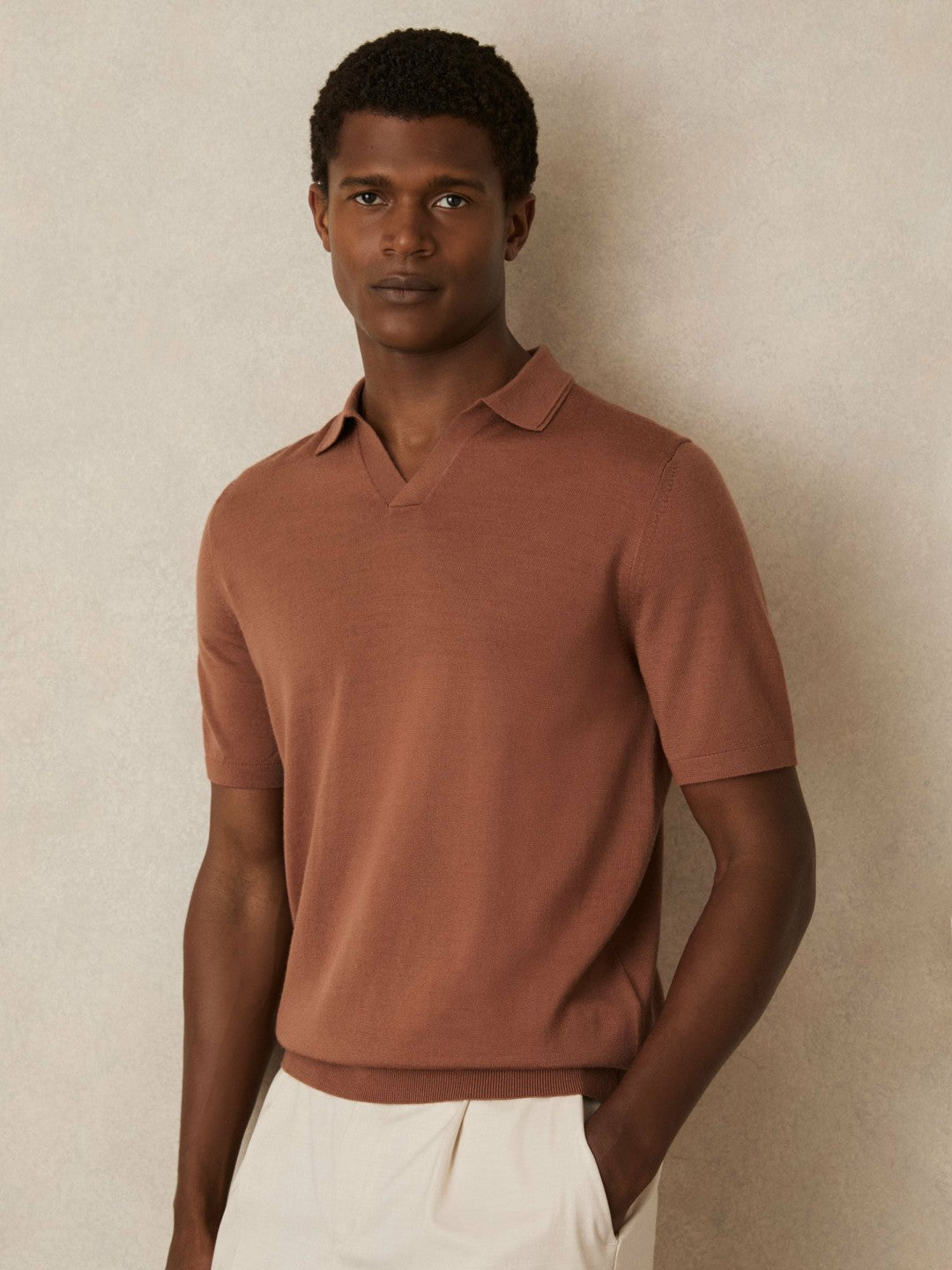 Reiss Merino Wool Open Collar Polo Shirt in Cinnamon Brown