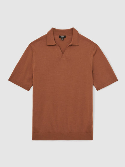 Reiss Merino Wool Open Collar Polo Shirt in Cinnamon Brown