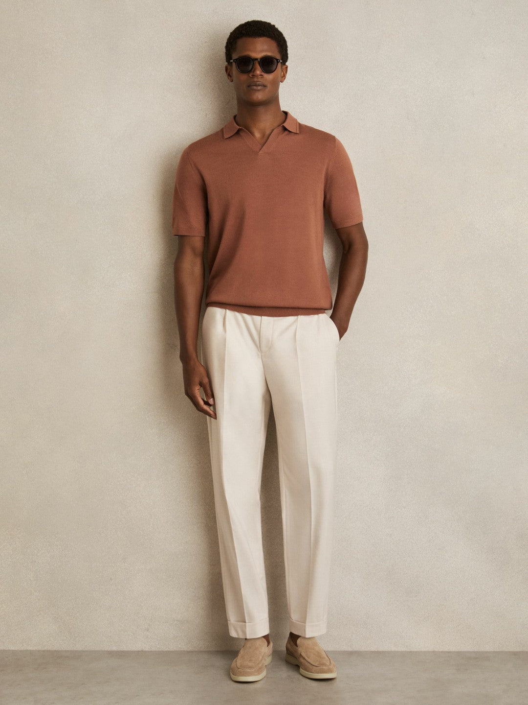 Reiss Merino Wool Open Collar Polo Shirt in Cinnamon Brown