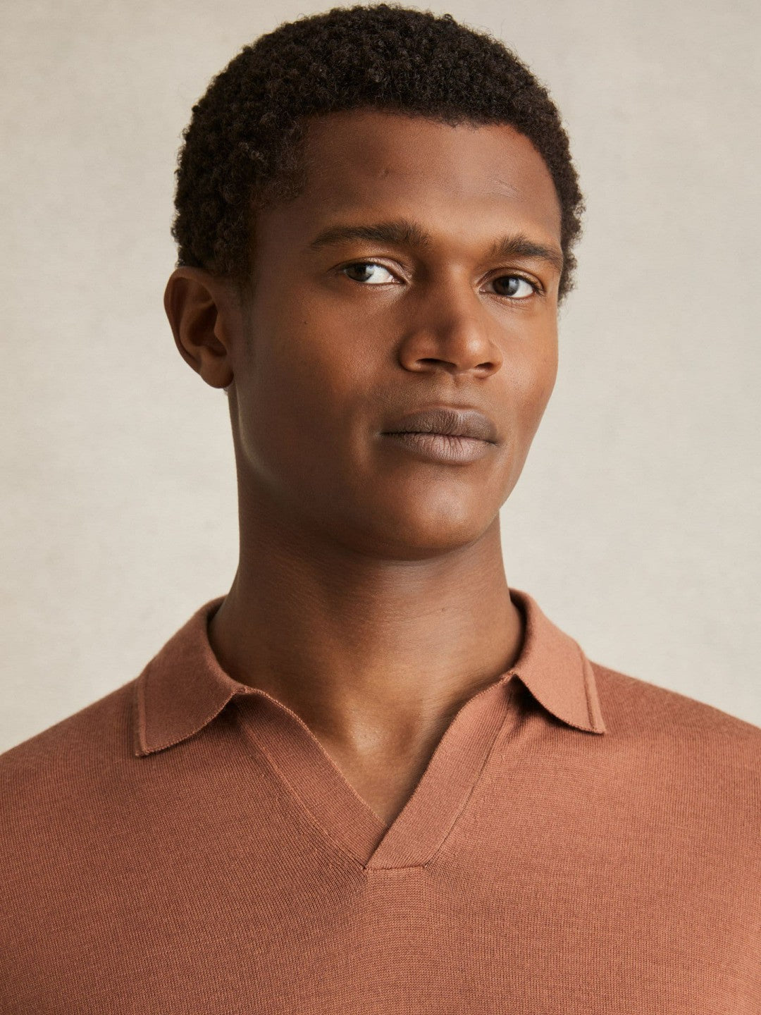 Reiss Merino Wool Open Collar Polo Shirt in Cinnamon Brown