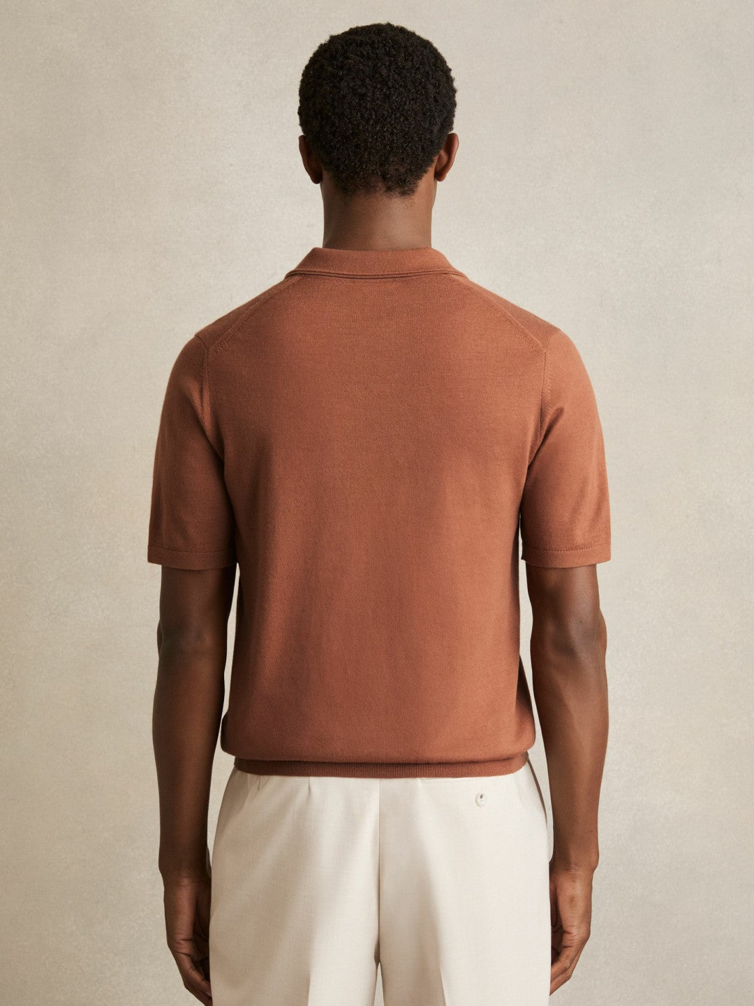 Reiss Merino Wool Open Collar Polo Shirt in Cinnamon Brown