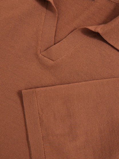 Reiss Merino Wool Open Collar Polo Shirt in Cinnamon Brown