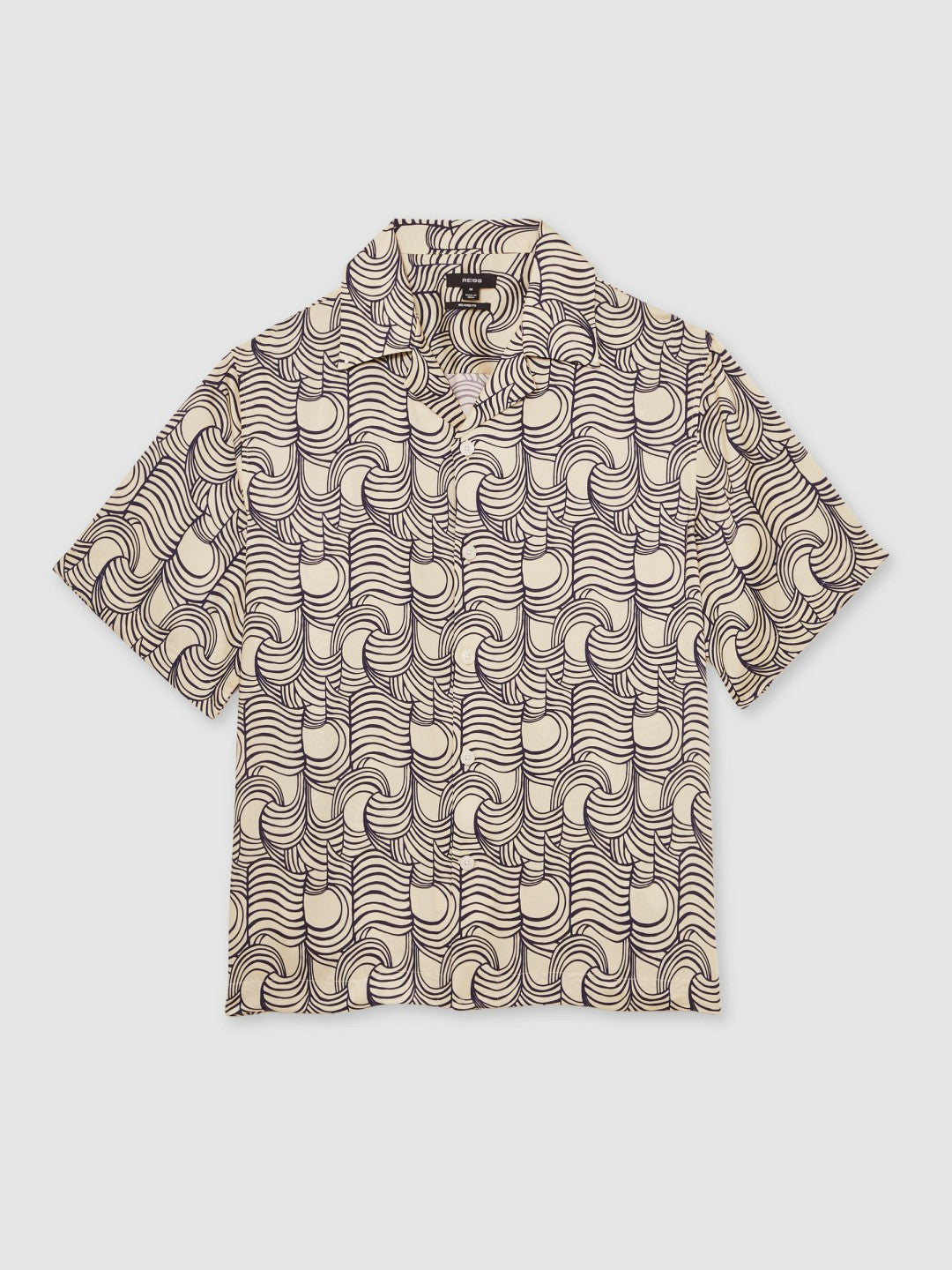 Reiss Wave Print Cuban Collar Shirt in Off White/Navy