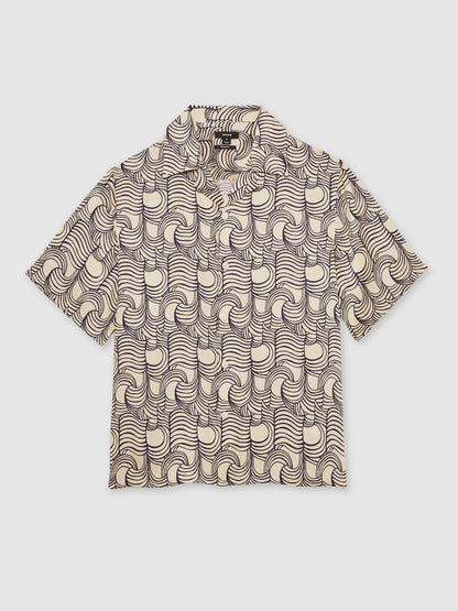 Reiss Wave Print Cuban Collar Shirt in Off White/Navy