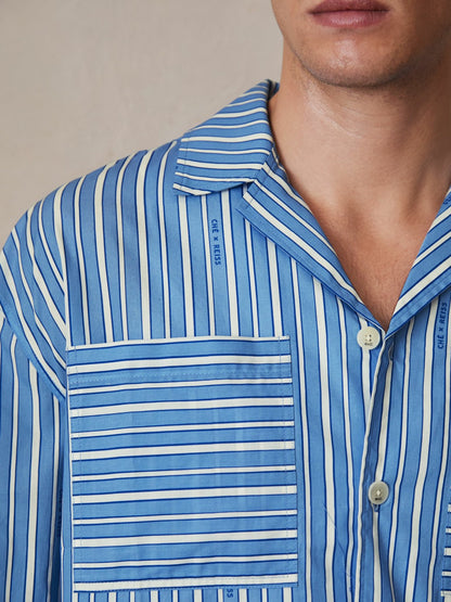 Reiss Affordable - | Ché Poplin Stripe Pocket Shirt in Bright Blue/White