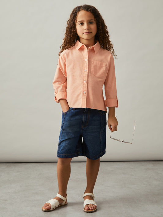 Reiss Affordable - 4-9 yrs Linen Roll-Cuff Shirt in Peach