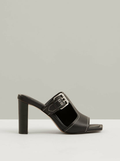 Reiss Deal - Leather Buckle Block-Heel Sandals in Black