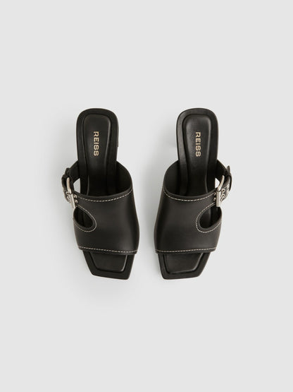 Reiss Deal - Leather Buckle Block-Heel Sandals in Black