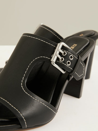 Reiss Deal - Leather Buckle Block-Heel Sandals in Black