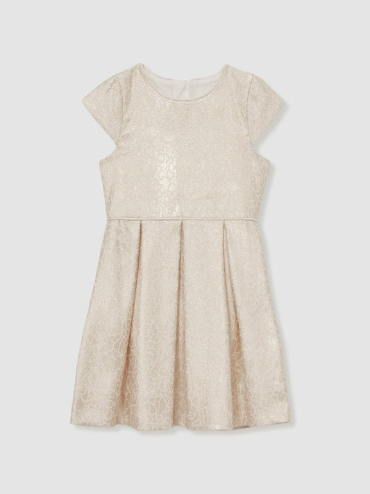 Reiss Featured - 13-14 yrs Brocade Cap-Sleeve Pleated Dress in Ivory