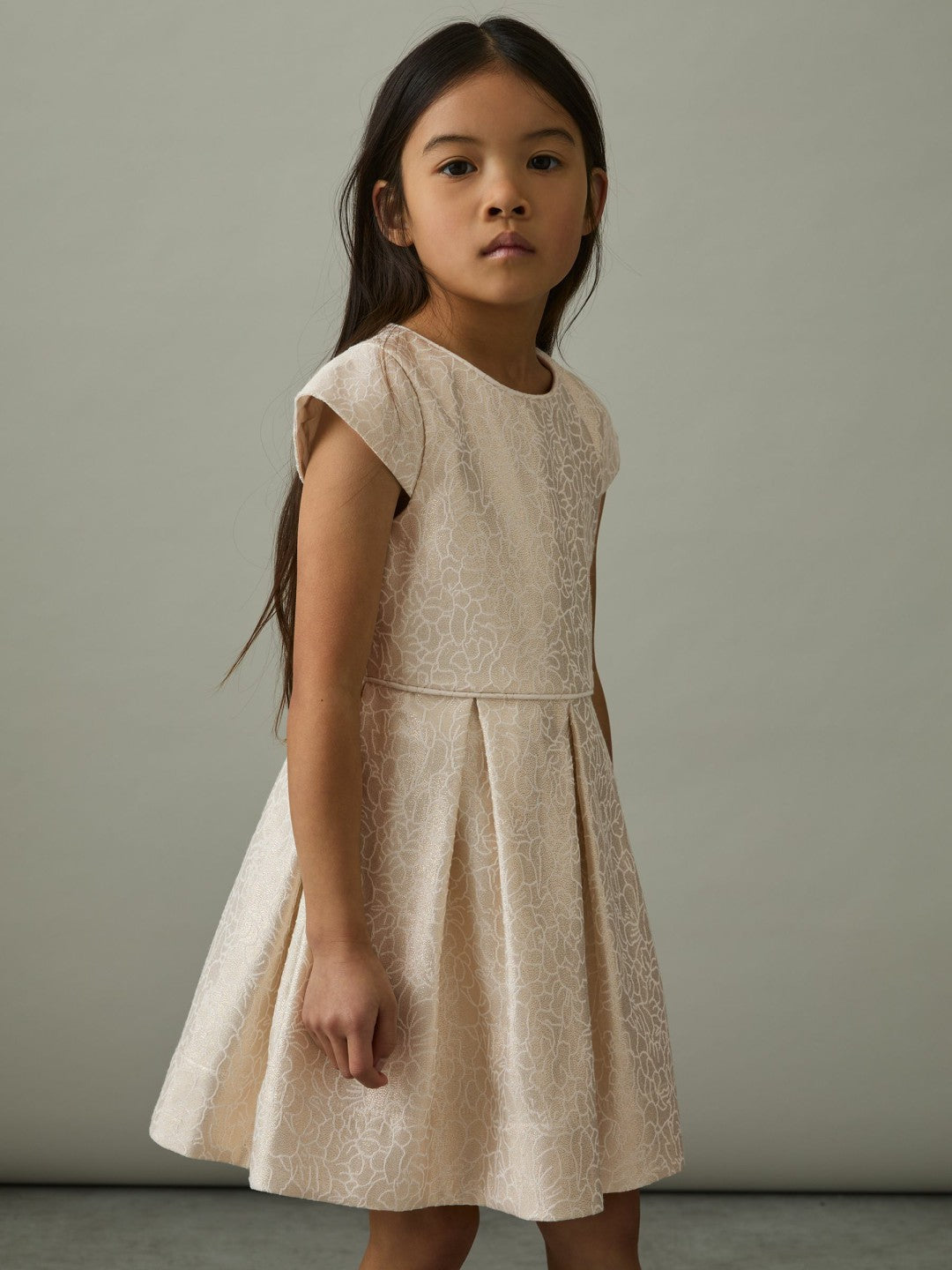 Reiss Featured - 13-14 yrs Brocade Cap-Sleeve Pleated Dress in Ivory