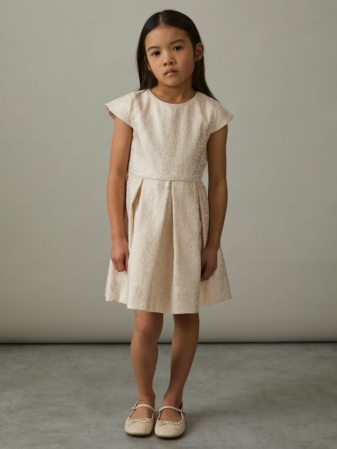 Reiss Featured - 13-14 yrs Brocade Cap-Sleeve Pleated Dress in Ivory