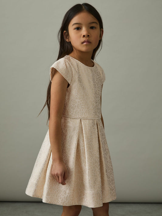 Reiss Featured - 4-9 yrs Brocade Cap-Sleeve Pleated Dress in Ivory