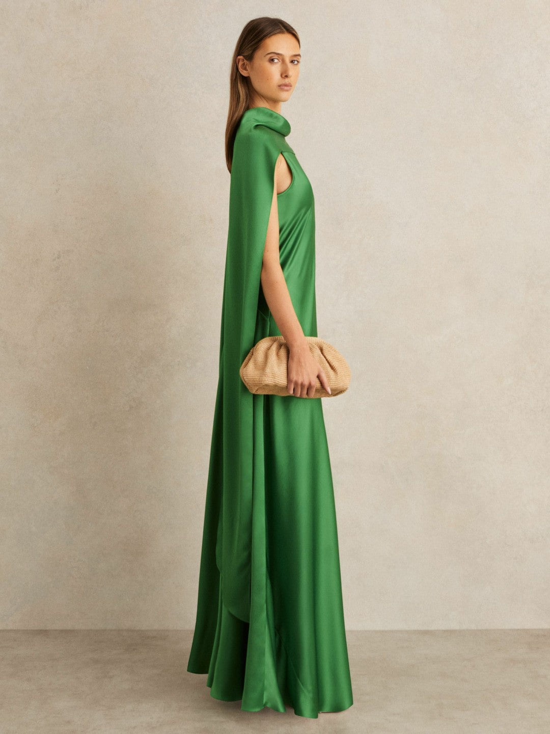 Reiss Petite Satin Cape Maxi Dress in Green