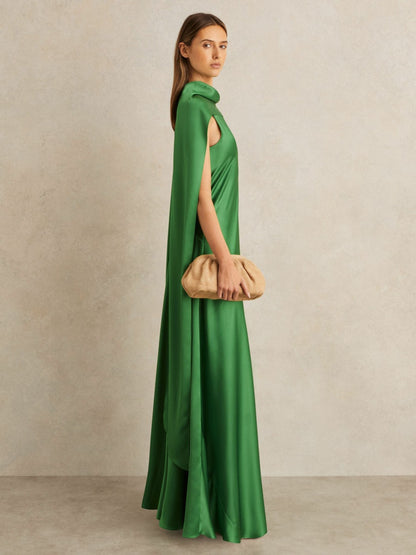 Reiss Petite Satin Cape Maxi Dress in Green