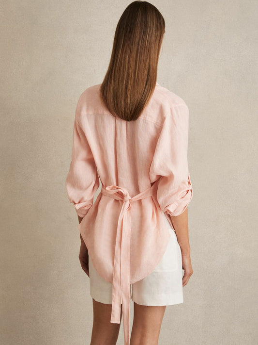 Reiss Deal - Linen Tie-Back Shirt in Pale Pink