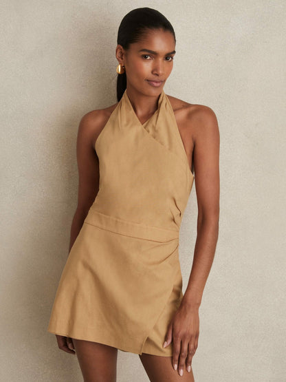Reiss Lyocell Cotton Halter Skort Playsuit in Camel