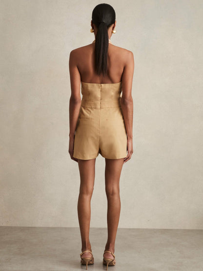 Reiss Lyocell Cotton Halter Skort Playsuit in Camel