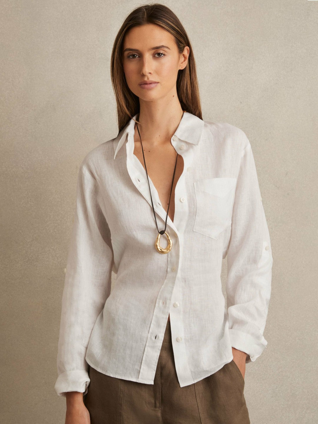 Reiss Best Seller - Linen Tie-Back Shirt in White