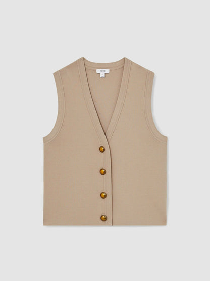 Reiss Knitted Button Through Vest in Neutral