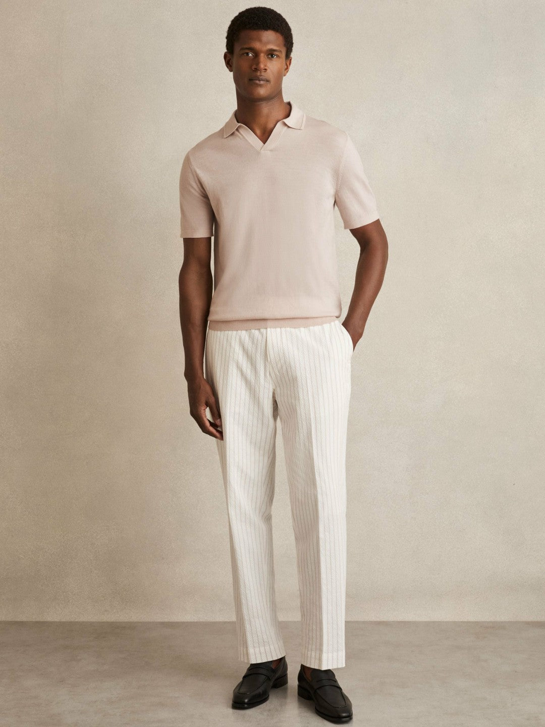Reiss Merino Wool Open Collar Polo Shirt in Beige