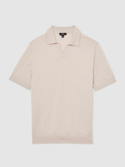 Reiss Merino Wool Open Collar Polo Shirt in Beige