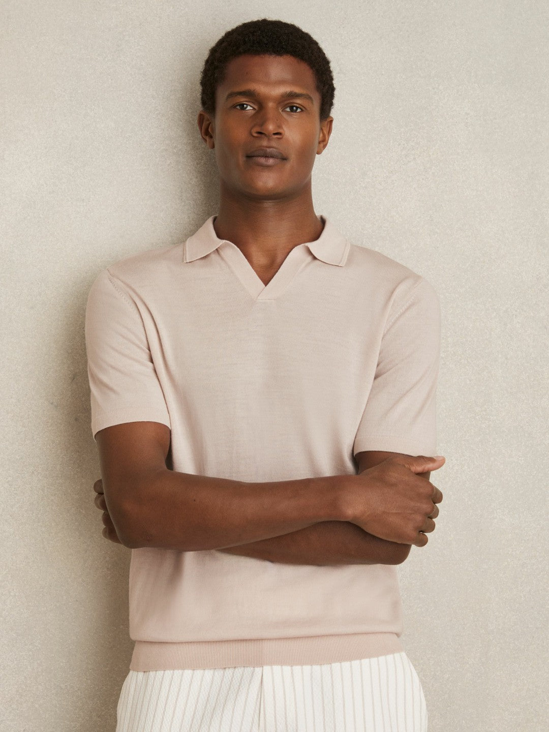 Reiss Merino Wool Open Collar Polo Shirt in Beige