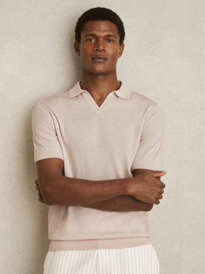 Reiss Merino Wool Open Collar Polo Shirt in Beige
