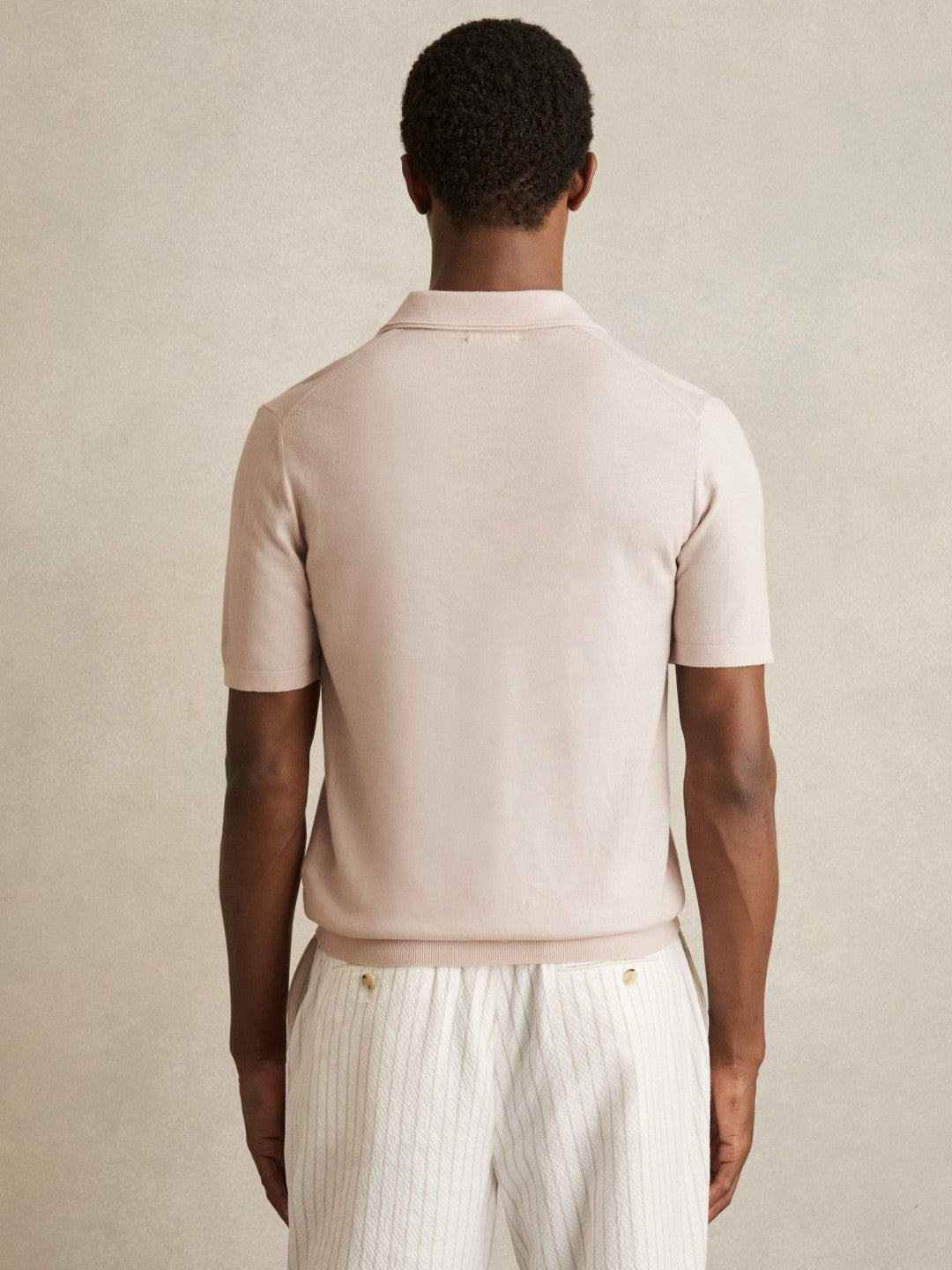 Reiss Merino Wool Open Collar Polo Shirt in Beige