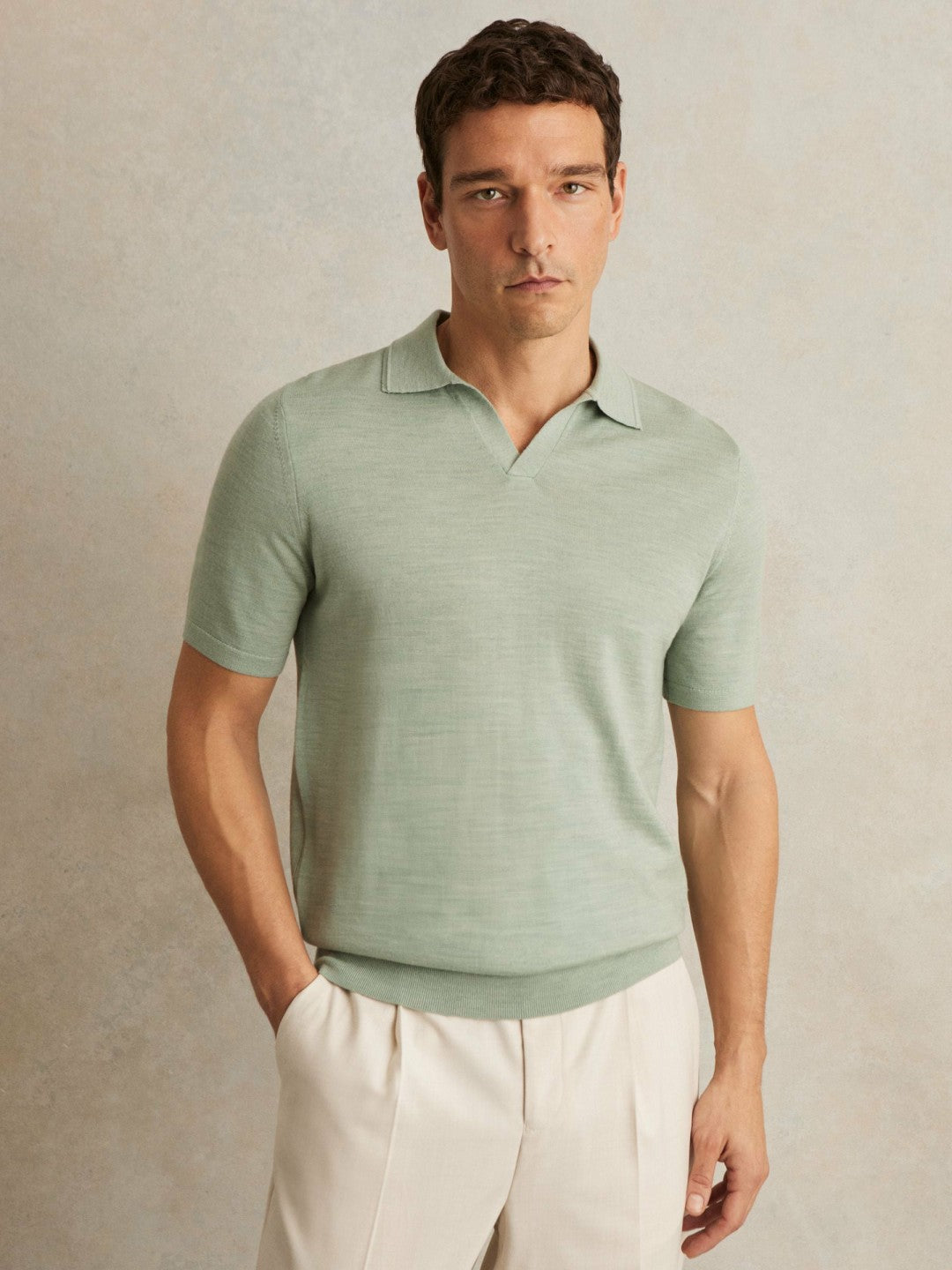 Reiss Value - Merino Wool Open Collar Polo Shirt in Sage Green Melange