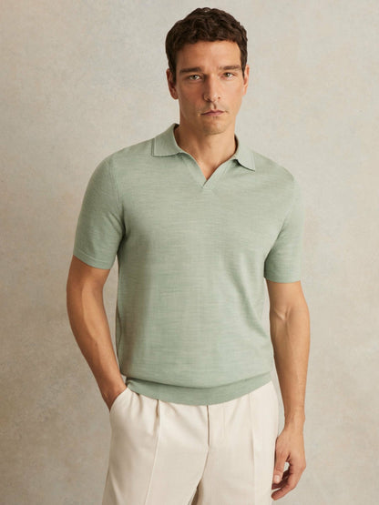 Reiss Value - Merino Wool Open Collar Polo Shirt in Sage Green Melange