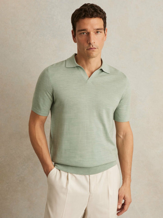 Reiss Value - Merino Wool Open Collar Polo Shirt in Sage Green Melange