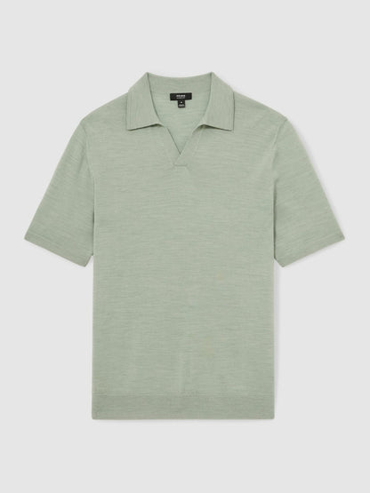 Reiss Value - Merino Wool Open Collar Polo Shirt in Sage Green Melange
