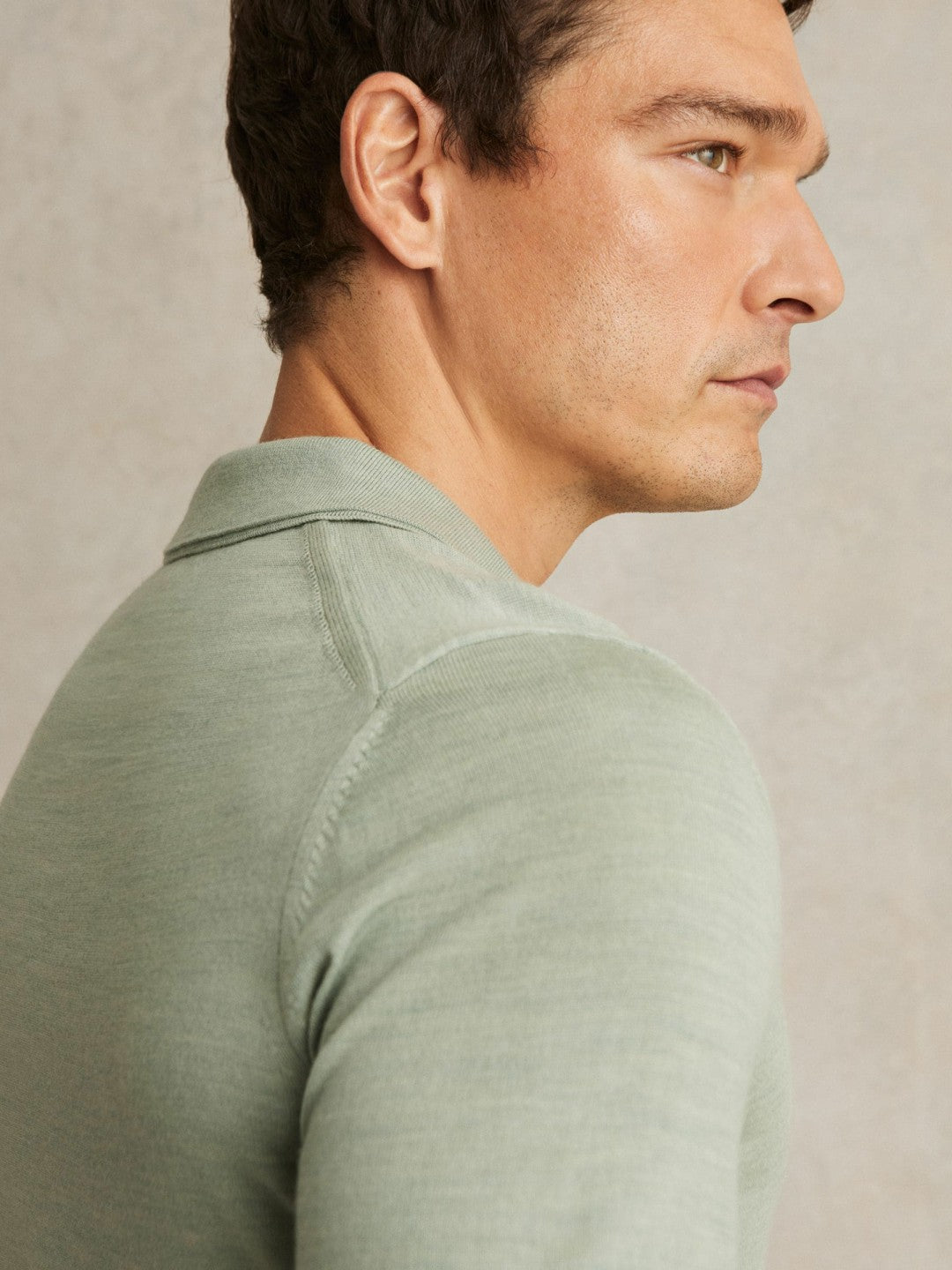 Reiss Value - Merino Wool Open Collar Polo Shirt in Sage Green Melange
