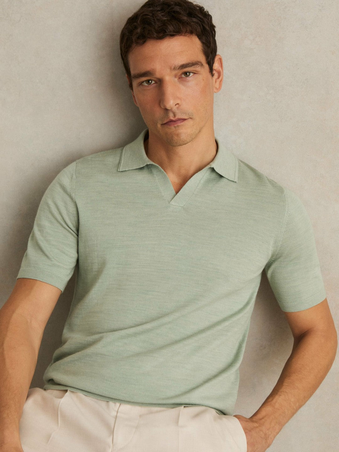 Reiss Value - Merino Wool Open Collar Polo Shirt in Sage Green Melange