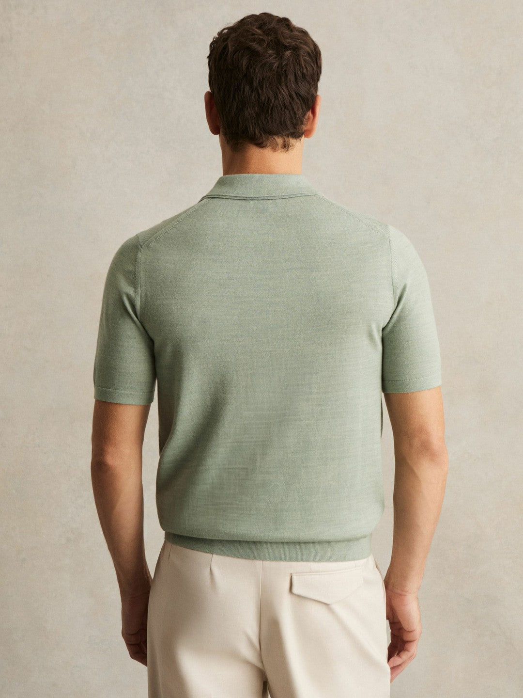 Reiss Value - Merino Wool Open Collar Polo Shirt in Sage Green Melange