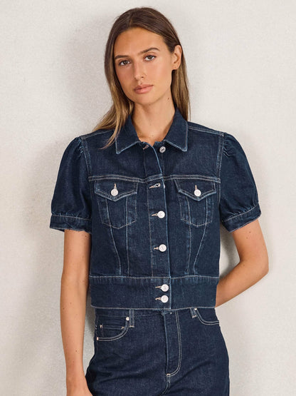 Reiss Offer - Paige Puff-Sleeve Short Denim Jacket in Emberlynn Blue